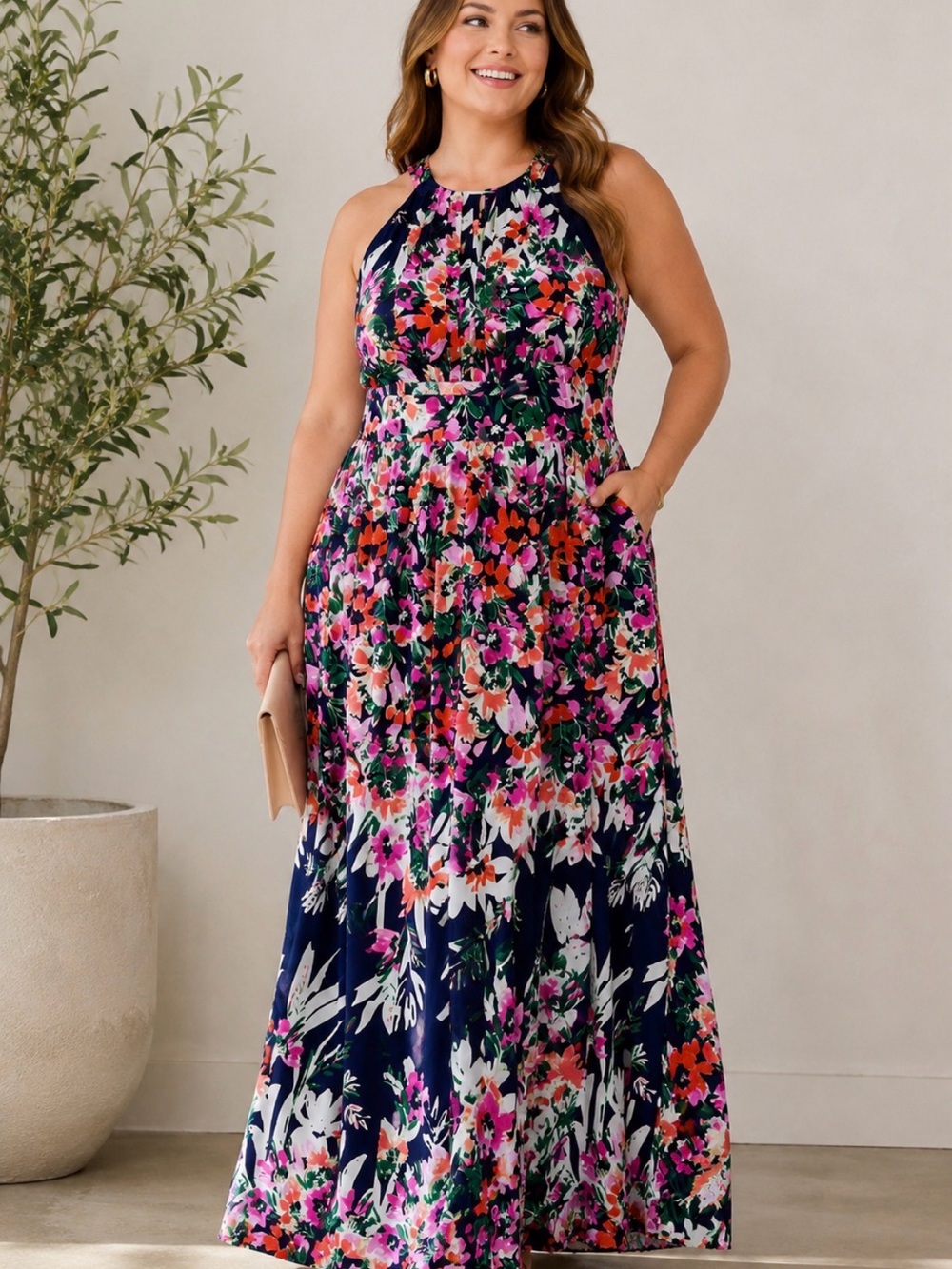 Eliza J Floral Maxi Dress Size 16 Navy Pink Sleeveless Pleated Formal Guest